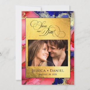 *Custom Foto Gold Red Blue Wedding Flat Save The Date