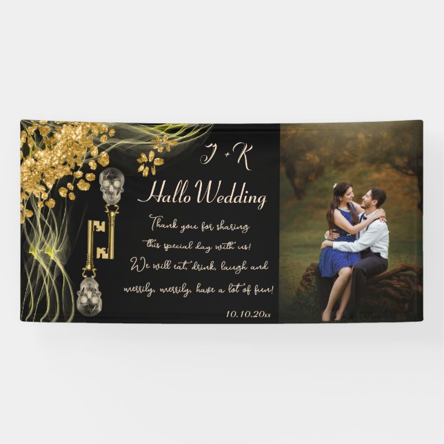 Custom Foto Gold Skulls Halloween Hochzeit Banner (Horizontal)