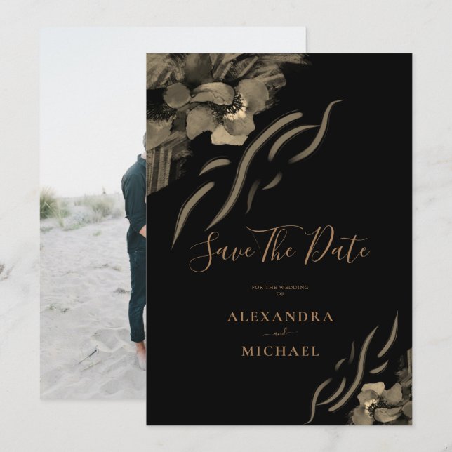 Custom Foto Golden Iris Blume Black Wedding Save The Date (Vorne/Hinten)