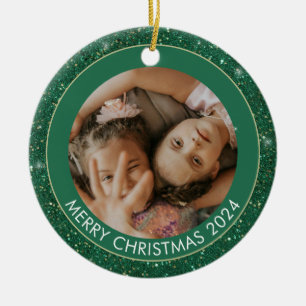 Custom Foto Green Glitzer Frohe Weihnachten Keramik Ornament