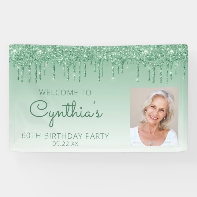 Custom Foto Green Glitzer Tropfen 60. Geburtstag Banner (Horizontal)