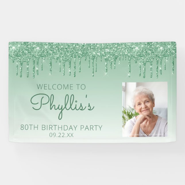 Custom Foto Green Glitzer Tropfen 80. Geburtstag Banner (Horizontal)