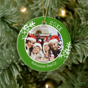 Custom Foto Green Snowflake Keramik Ornament