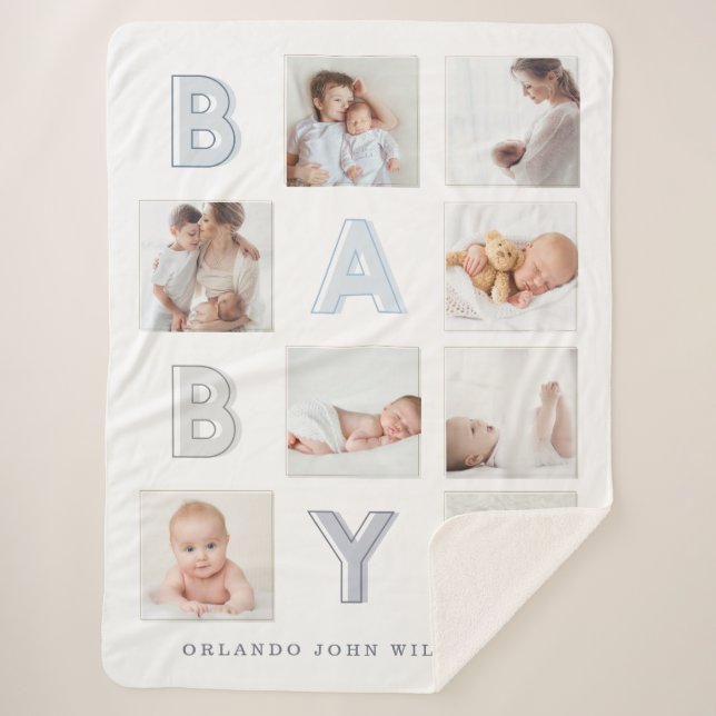Custom Foto Grid Collage Modern Baby Block Letter Sherpadecke (Vorderseite)