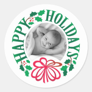 Custom Foto Happy Holidays Typografy Wreath Runder Aufkleber