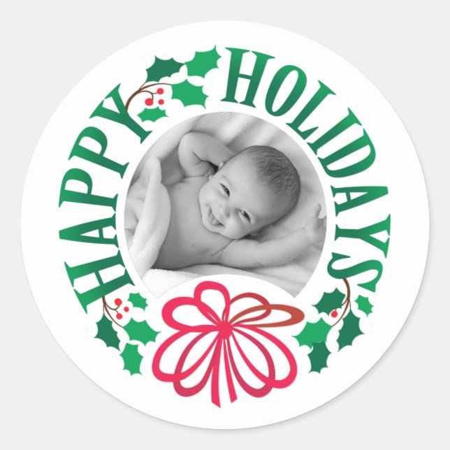Custom Foto Happy Holidays Typografy Wreath Runder Aufkleber (Vorderseite)