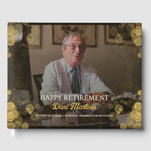 Custom Foto Happy Retirement Gold Confetti Gästebuch (Vorderseite)