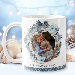 Custom Foto, Holiday Blue und Silver Wreath Kaffeetasse