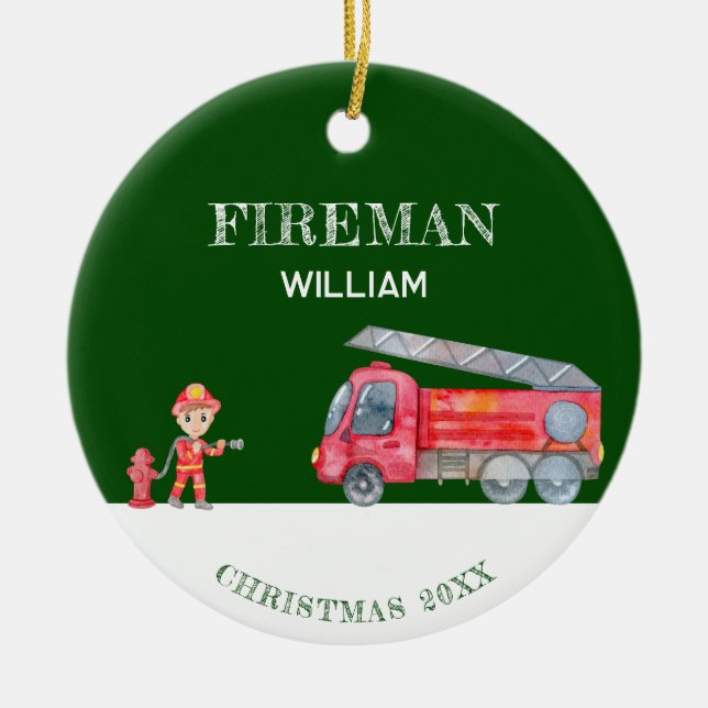 Custom Foto Keepake Fireman Weihnachts-Feuerwagen Keramik Ornament (Vorne)