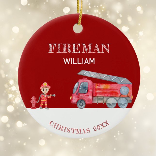 Custom Foto Keepake Fireman Weihnachts-Feuerwagen Keramik Ornament (Custom Photo Keepsake Fireman Christmas Firetruck Ceramic Tree Decoration)