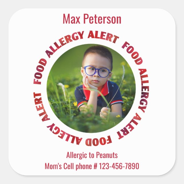 Custom Foto Kids Food Allergy Medical Alert Quadratischer Aufkleber (Vorderseite)