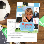 Custom Foto Kids Soccer Virtuelle Geburtstagsparty Einladungspostkarte<br><div class="desc">Fußball / Fußball-Junge Geburtstagskarte real oder virtuell Party Einladung Postcard mit einem lustigen Kinderfigur in Sportoutfit gekleidet und farbenfrohe Typografie über einem Schachbrett blau,  schwarz und weiß.               Einfach mit Foto,  Alter,  Name und Party Ihres Kindes auf beiden Seiten personalisieren!</div>