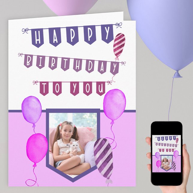 Custom Foto Lila Bunting and Balloons Birthday Karte (Von Creator hochgeladen)