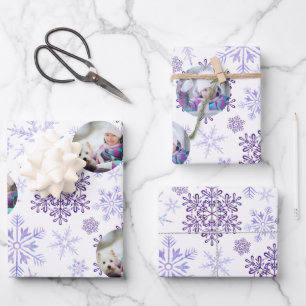Custom Foto Lila Snowflakes Set 3 Geschenkpapier Set