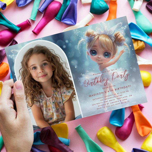 Custom Foto Little Ballerina und Blue Birthday Einladung (Von Creator hochgeladen)