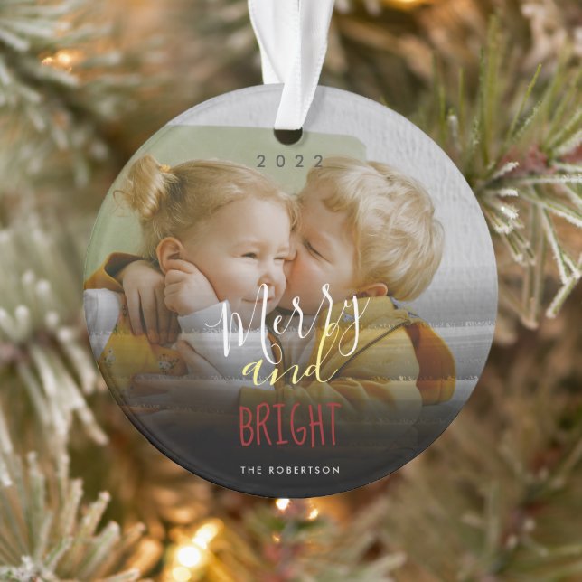 Custom Foto Merry and Bright Typografy Ornament (Baum)