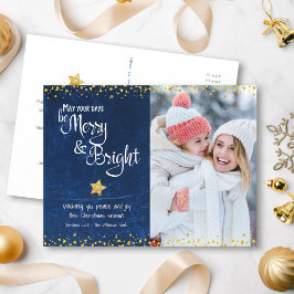 Custom Foto Merry Bright Script Gold Star Blue Feiertagspostkarte