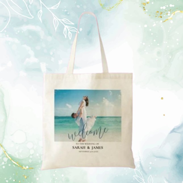 Custom Foto Modern Beach Wedding Willkommen Tragetasche (Welcome your guests with love using our Custom Photo Modern Beach Wedding Tote Bag)