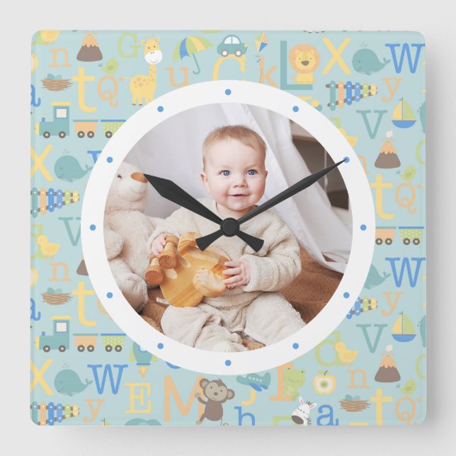 Custom Foto Moderner Baby Boy Personalisiertes Kin Quadratische Wanduhr (Vorderseite)