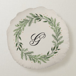 Custom Foto Monogram Pine Wreath Christmas Zuhause Rundes Kissen