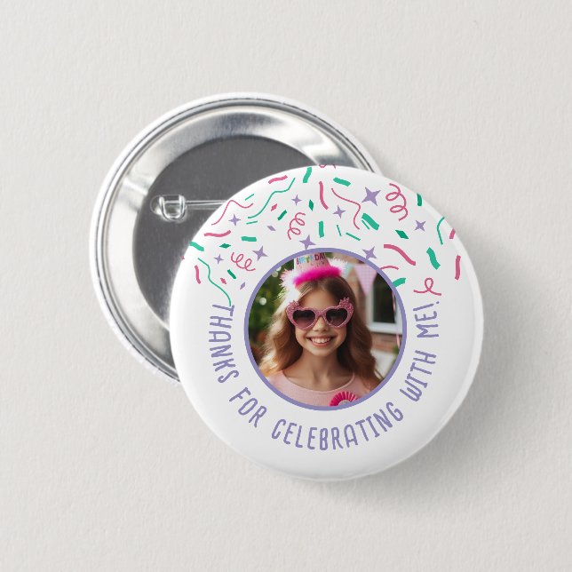 Custom Foto Name Confetti Geburtstag Vielen Dank Button (Vorne & Hinten)