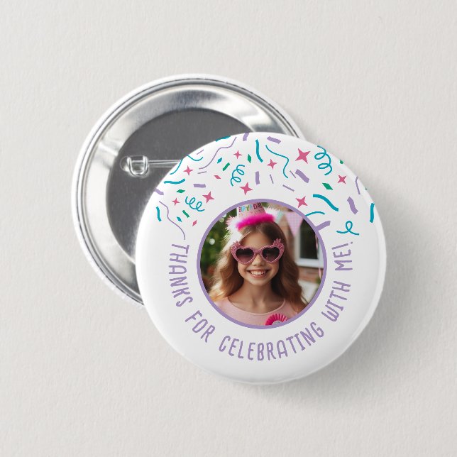 Custom Foto Name Confetti Geburtstag Vielen Dank Button (Vorne & Hinten)