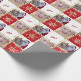 Custom Foto Name Gold & Red Christmas Snowflake Geschenkpapier
