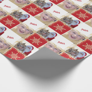 Custom Foto Name Gold & Red Christmas Snowflake Geschenkpapier