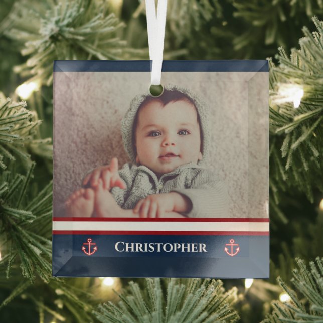 Custom Foto Nausea Navy Blue Red White Ornament Aus Glas (Insitu)