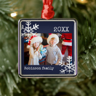 Custom Foto Navy Blue Ornament mit Schneeflocken Aus Metall