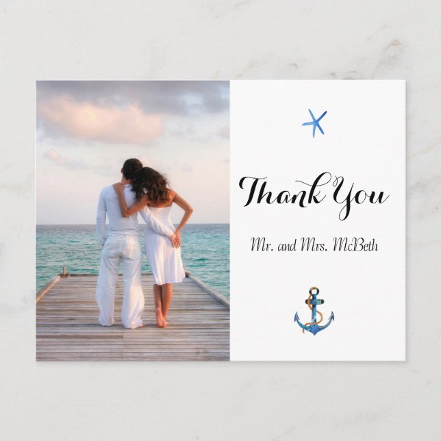Custom Foto Ocean Blue Beach Hochzeit Vielen Dank Postkarte (Vorderseite)