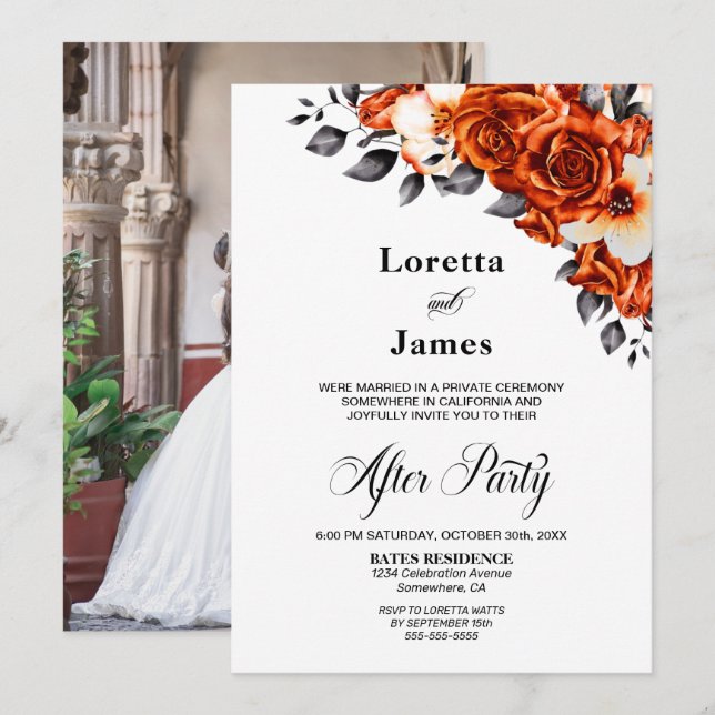 Custom Foto Orange Rose Floral Hochzeitsempfang Einladung (Vorne/Hinten)