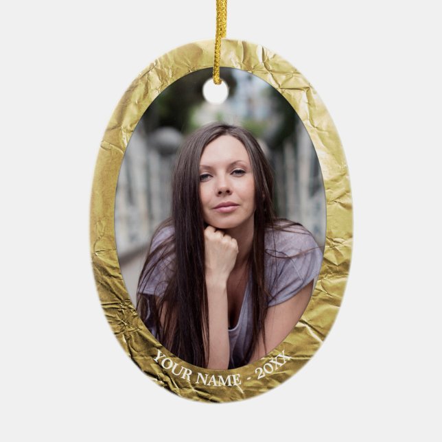 Custom Foto Oval Gold Foil Effekt Weihnachten Keramik Ornament (Vorne)
