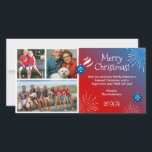 Custom Foto Patriotic Christmas Cards Feiertagskarte<br><div class="desc">Einzigartige Weihnachtskarten für das Foto, die Sie einfach personalisieren können! Die Weihnachtskarten zum Thema Strand sind für den 4. Juli konzipiert, mit funkelnd US Flagge und explodierenden Feuerwerken. Es gibt 3 individuelle Bereiche für Fotos, die durch eine trendige, weiße Grundierung gerahmt sind, in die Sie Ihre eigenen Fotos einfügen können....</div>