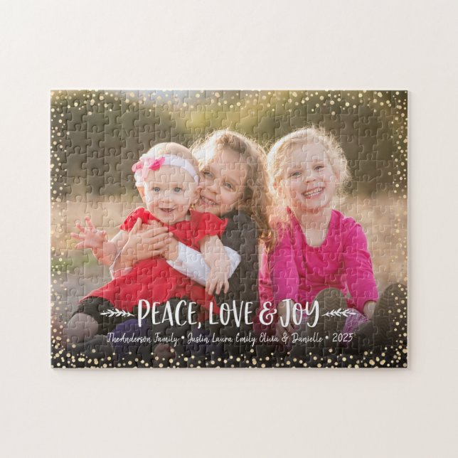 Custom Foto Peace Liebe Joy Moderne Typografie Puzzle (Horizontal)