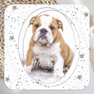 Custom Foto Pet Hund Geburtstag Silberner Glitzer  Quadratischer Aufkleber