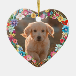 Custom Foto Pet Memorial Floral Blue Heft Form Keramik Ornament