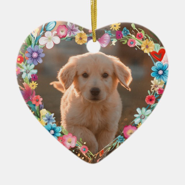 Custom Foto Pet Memorial Floral Blue Heft Form Keramik Ornament (Vorne)