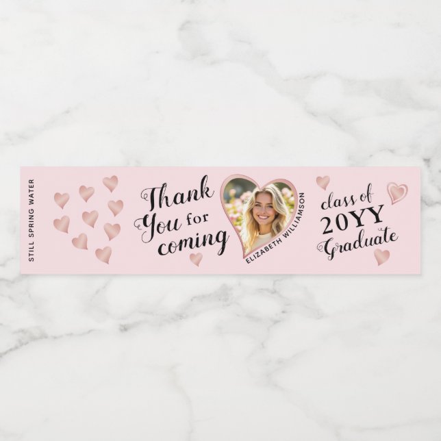 Custom Foto Pink Class 2025 Abschluss Vielen Dank Wasserflaschenetikett (Einzelnes Label)