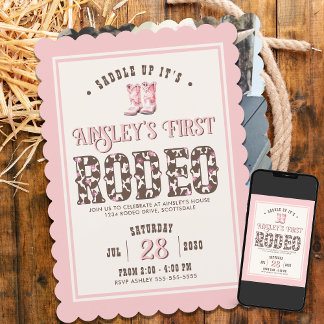 Custom Foto Pink First Rodeo Girls 1. Geburtstag Einladung