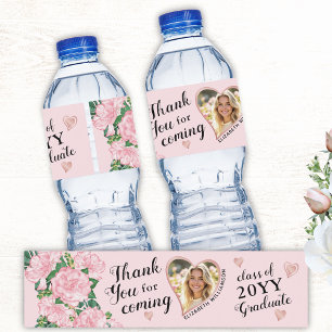 Custom Foto Pink Floral 2025 Abschluss Vielen Dank Wasserflaschenetikett