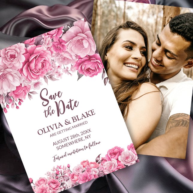Custom Foto Pink Floral Wedding Save The Date (Von Creator hochgeladen)