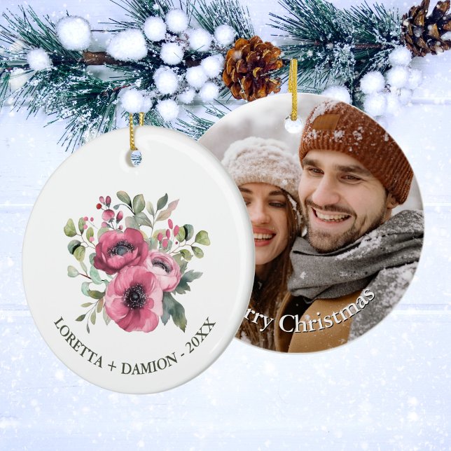 Custom Foto Pink Floral Weihnachten Keramik Ornament (Von Creator hochgeladen)