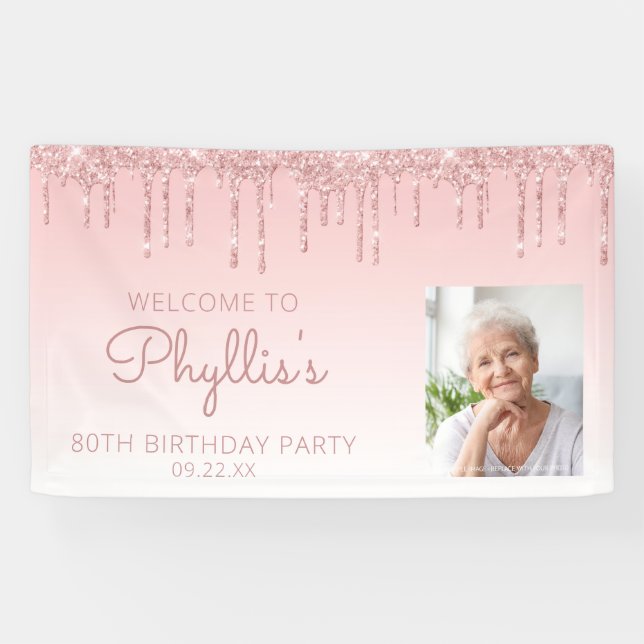 Custom Foto Pink Glitzer Tropfen 80. Geburtstagspa Banner (Horizontal)