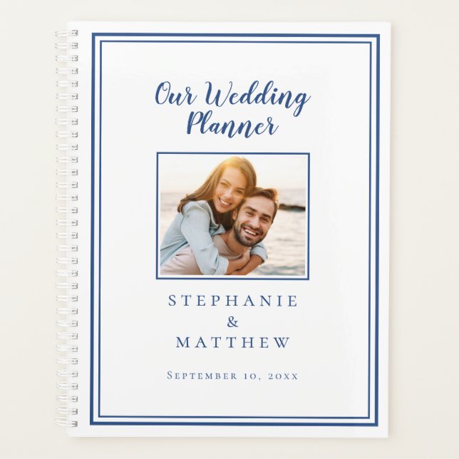 Custom Foto Planner Einfach Blau & Weiß Hochzeit Planer (Vorderseite)