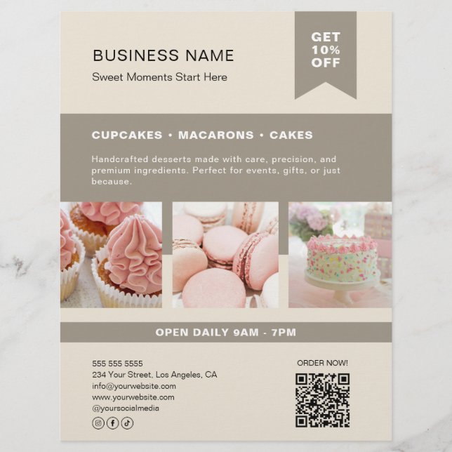 Custom Foto QR Bäckerei Beige Flyer (Vorne)
