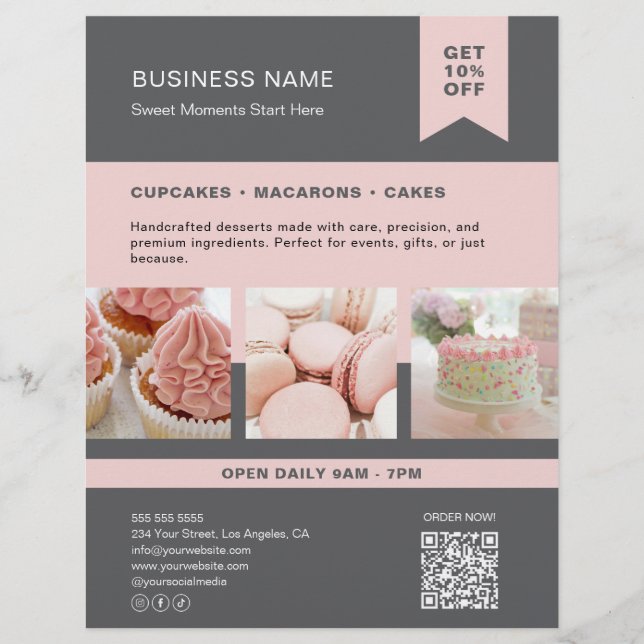 Custom Foto QR Bäckerei Grau Pink Flyer (Vorne)