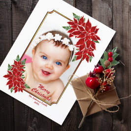 Custom Foto Red Poinsettia White Christmas Feiertagspostkarte