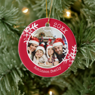 Custom Foto Red Snowflake Circle Ornament