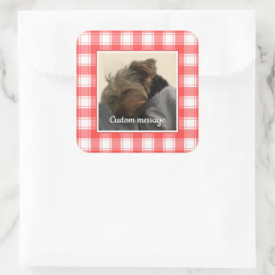 Custom Foto Red & White Country Bauernhof Kariert Quadratischer Aufkleber